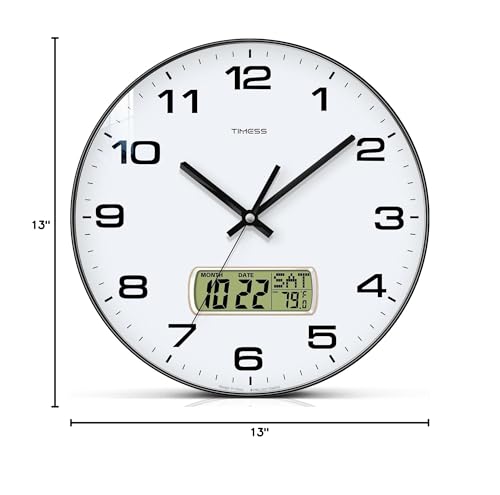 Wall Clock, 13" Dial Non-Ticking Silent Battery Operated Analog with LCD Display for Perpetual Calendar and F° Temperature, Ideal Modern Home, Bedroom, Kitchen, Office Decor(Black) | Perpetual calendar, Fahrenheit temperature, easy-to-read analog dial, ba