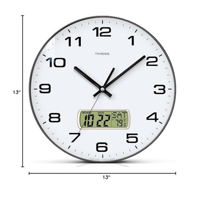 Wall Clock, 13" Dial Non-Ticking Silent Battery Operated Analog with LCD Display for Perpetual Calendar and F° Temperature, Ideal Modern Home, Bedroom, Kitchen, Office Decor(Black) | Perpetual calendar, Fahrenheit temperature, easy-to-read analog dial, ba