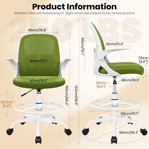 Primy Drafting Chair Tall Office Chair with Flip-up Armrests Executive Ergonomic Computer Standing Desk Chair with Lumbar Support and Adjustable Footrest Ring (AvocadoGreen) - color: Avocado Green, size: 934-Z