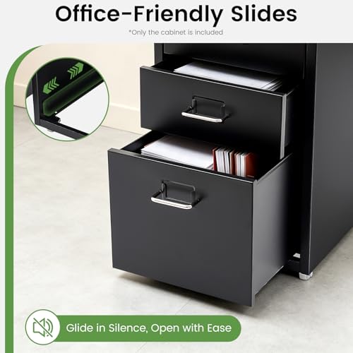 3-Drawer Metal Vertical File Cabinet, Narrow Mobile File Cabinet with Lock and 2 Keys, Under Desk Storage Drawer for Study Home-11 * 16 * 18.3in (Black) - color: Black