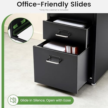 3-Drawer Metal File Cabinet, Mobile File Cabinet with Lock, Rolling Vertical Filing Drawers Under Desk for Home Office, 11 * 16 * 18.3in (Black) - color: Black