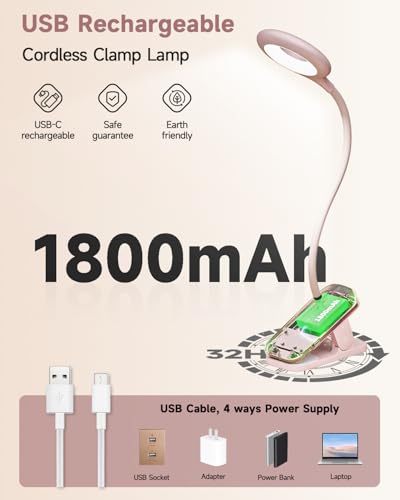CUHIOY Rechargeable Clip on Reading Light for Bed Headboard, Pink, 1 Pack | Large Clamp Flexible Neck, Battery Desk Lamp, 5 Color 5 Brightness Touch Control, Flicker-Free LED Bedside Night Light - style: 1Pack Pink