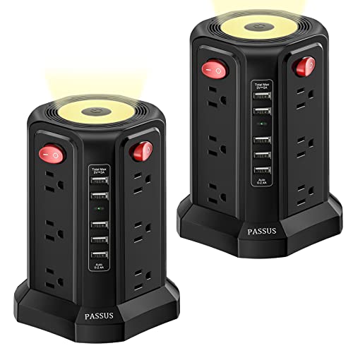 Surge Protector Power Strip Tower with 5 USB Ports and Night Light, 10FT Extension Cord with 12 AC Multiple Outlets, PASSUS Power Tower, Overload Protection for Home Office Dorm Room (2PC-Black) - color: Black-2PC