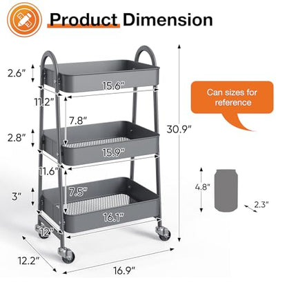 NEWBULIG 3-Tier Metal Rolling Cart with Lockable Wheels, Heavy Duty Mobile Utility Storage Shelf, Roller Book Snack Cart, Grey - color: Gray, size: 3 Shelves