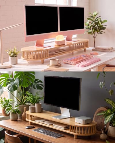 42 Inch Curved Dual Monitor Stand Riser with Spindle Rods - color: Bamboo, size: 42 inch-1