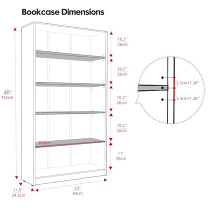 Farini 60 Inch Tall Bookcase,5 Shelf Bookshelves,Adjustable Bookshelf for Home Office,Black - color: Black, size: 5 shelf