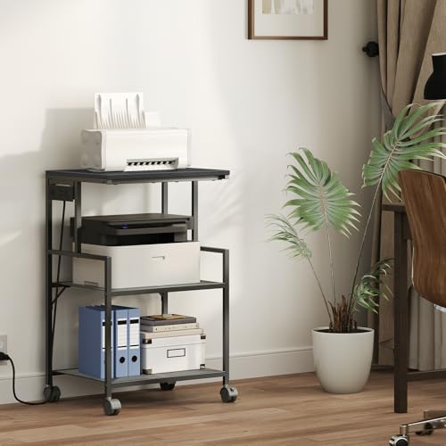 MAHANCRIS Mobile Printer Stand, 3-Tier Industrial Printer Cart with Power Outlets and 2 USB Ports, Rolling Printer Table on Wheels for Home Offices Kitchen Organization Rack, Black PTHB78E01 - color: Black