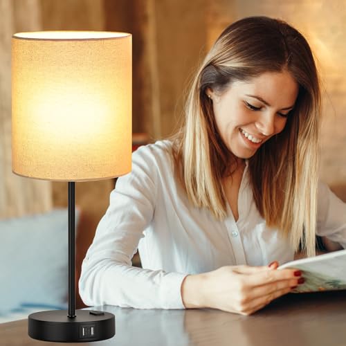 Lynnoland Set of 2 Touch Beige Table Lamps with 2 USB Ports & AC Outlet, 3-Way Dimmable Bedside Nightstand Lamps for Living Room Nursery Office Bedroom, 800 Lumens 2700K Warm Bulbs Included - color: Beige Linen & Matte Black (Base) - 2700K