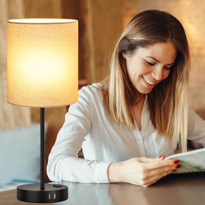 Lynnoland Set of 2 Touch Beige Table Lamps with 2 USB Ports & AC Outlet, 3-Way Dimmable Bedside Nightstand Lamps for Living Room Nursery Office Bedroom, 800 Lumens 2700K Warm Bulbs Included - color: Beige Linen & Matte Black (Base) - 2700K