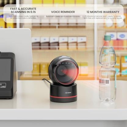 T27H Omnidirectional Auto-Sensing Desktop USB Barcode Scanner, Hands-Free Adjustable Angle 1D/2D QR Code Reader, Plug and Play Wired Scanner for POS, Library and Inventory