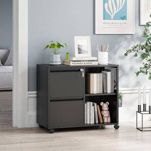 MIIIKO 2 Drawer File Cabinet with Lock, Metal Lateral Rolling Printer Stand Filing Cabinets with Drawers for Home Office,A4, Letter Size File Folders(Black) - color: Black, size: 2 Drawer-31.5"W -Mobile-a