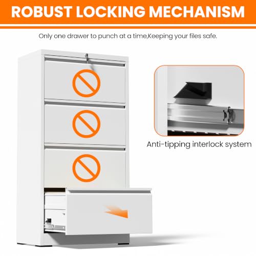 4 Drawer Lateral File Cabinet with Lock,White Metal Filing Cabinet - color: White, size: 26.8"W-4 drawers