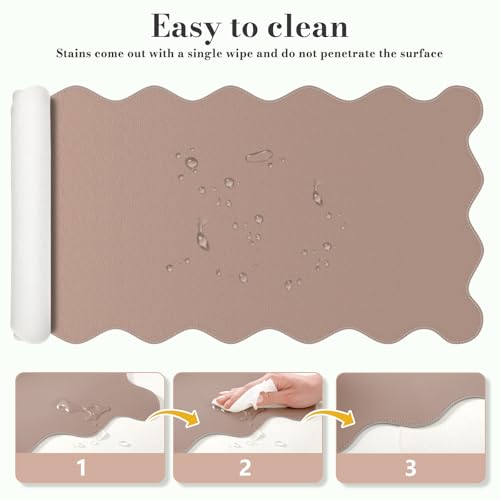 iCasso Leather Desk Pad,Extra Large Mouse Pad for Laptop,Waterproof PU Nail Table Mat,Cute Scalloped Keyboard Mats for Women Girl,Non-Slip Desk Cover Mat for Office Home School - color: Reddish Brown