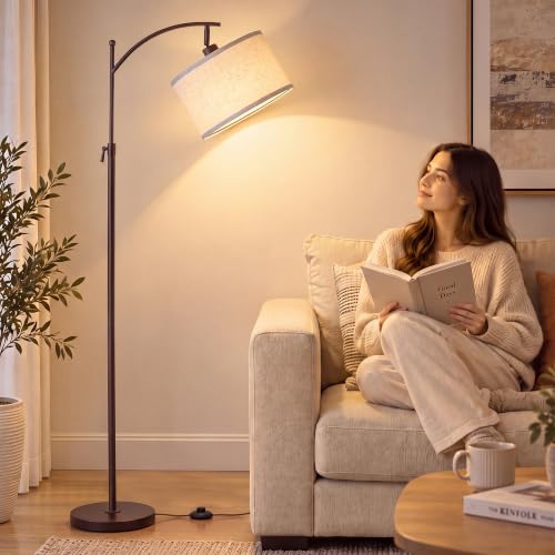 JUNNAI Modern Brown Floor Lamp Adjustable Height 55-63in 3 CCT 9W LED Bulb - color: Brown+Beige Shade-Arc
