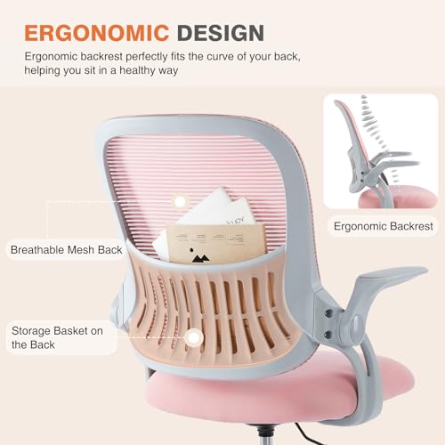 Sweetcrispy Home Office Chair, Mesh Office Chair, Lumbar Support, Pink - color: Pink, size: 18.5"D&Flip-up Arms-Plus