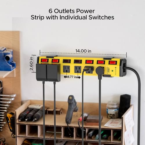 CRST 6-Outlet Metal Power Strip with Individual Switches 15A/1875W, 6FT - color: Yellow, size: 6FT
