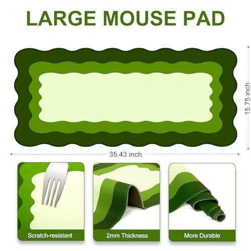L-SPOUTTO Green Mouse Pad,Cute Scalloped Desk Mat XXL Large Gaming Mousepad | Minimalist 35.4x15.7in Non-Slip Rubber Base Keyboard Pad Waterproof Desktop Mat for Laptop Computer Game Home Office - color: Green