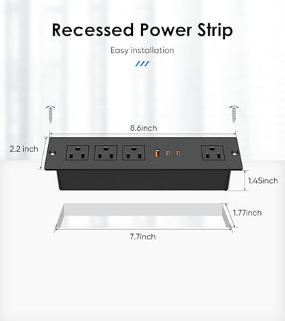 45W USB C Recessed Power Strip, Ultra Thin Flat Plug Recessed Outlet, 4 AC Outlets & 3 USB Port, Flush Mount for Conference Rooms, Office Tables, Furniture-6FT Cord - size: 6FT, style: 45W-2C1A-Black