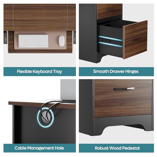 Bestier 59” Computer Desk with 4 Drawers, Office Desk with Storage, Industrial Executive Desk with File Drawer, Keyboard Tray & 2 Pedestals for Home Office & Studio, Cherry - color: Cherry