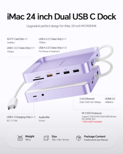 11-in-1 USB C Hub for iMac 24" M1/M3/M4 with M.2 NVMe 4TB SSD Enclosure | PULWTOP Alloy iMac Hub with HDMI 4K@60Hz, 2.5G Ethernet, 5 USB A/C 10Gbps, SD/TF, iMac M4 Dock for iMac 24" 2021-2024, Purple - color: iMac Dock- Purple
