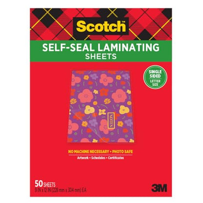 Scotch Self-Seal Laminating Sheets, Letter Size 9 in x 12 in, Single Sided, Pack of 50 - size: 8 1/2" x 11"