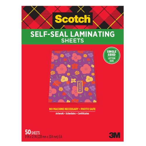 Scotch Self-Seal Laminating Sheets, Letter Size 9 in x 12 in, Single Sided, Pack of 50 - size: 8 1/2" x 11"