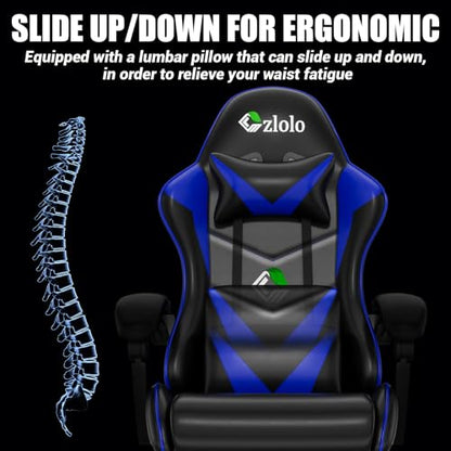 Czlolo Gaming Chair with Footrest Racing Style Lumbar Support Massager Video Game Chair with Metal Legs, High Back Reclining Gamer Chair with Headrest, 360° Swivel Office Computer Desk Chair (Blue) - color: Blue