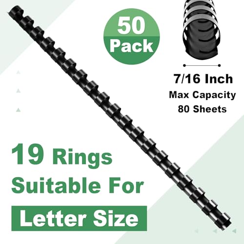 HOUYEE 50 Pack 7/16 Inch Plastic Binding Combs Spines, 19 Rings, Black | 11 mm Binder Combs for Letter Size Paper, 80 Sheets Capacity , for Book Binder Office School Supplies - size: 7/16 inch,50pack