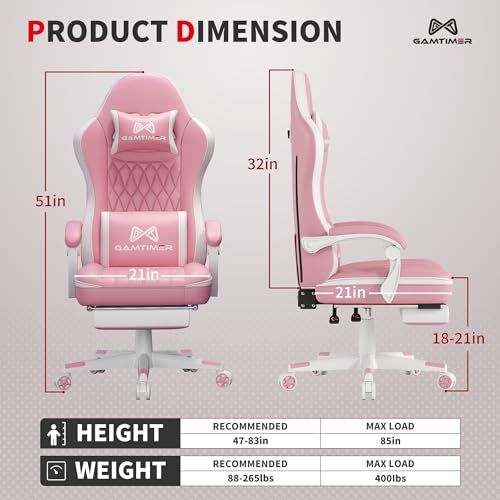 Gamtimer Gaming Chair with Footrest, Ergonomic Computer Chair, PU Breathable Material with Headrest and Lumbar Support, Suitable for Silla Gamer and Adults(Pink) - color: Pink