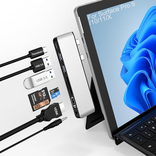 Surface Pro 2026(13-inch)/11/10/9/X Docking Station, Surface Pro 11 USB Hub with 4K HDMI, USB-C Thunderbolt 4 (Display+Data+100W PD), 2 USB 3.0, 3.5mm, SD/TF Card Slot for Surface Pro 2026/11/10/9/X - color: Silver