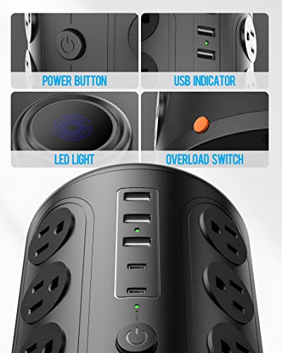 TenTrend Power Strip Tower with 16 Outlets and 5 USB Ports, 10 FT Cord | Vertical Power Strip 10 FT Extension Cord, 2000J Surge Protector Charging Station for Home Office Desk, Dorm Room Essentials