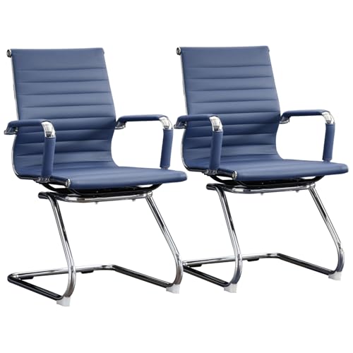 Office Guest Reception Chair Set of 2, Conference Room Chairs Waiting Room Chairs 2 Pack, Modern Leather Office Desk Chair No Wheels(Navy Blue) - color: Navy Blue, size: 2 Pack