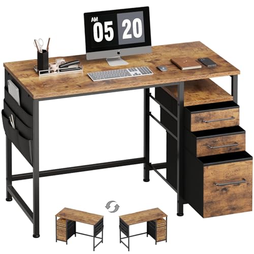 Small Desk with Drawers, Office Desk with Storage Shelves, Brown2 | 40 Inch Desktop, Metal Frame, 3 Fabric Drawers, Storage Shelves, Computer & Writing Desk, Office Gaming Workstation - color: Rustic Brown