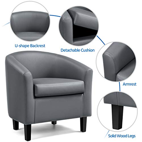 Topeakmart Faux Leather Club Chair, Modern Accent Chair, Gray | PU Leather Barrel Chairs, U-shaped Backrest, Foam Seat, 18" Seat Height, Solid Wood Legs - color: Grey, size: Set of 1