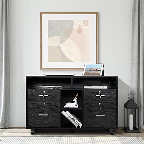 VINGLI Wood Mobile File Cabinet with 4 Drawers and Shelves, Printer Stand with Open Storage, Locking Lateral Filing Cabinet for Home Office, Black - color: Black