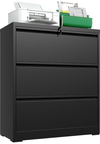 3 Drawer Lateral File Cabinet, Metal Filing Cabinet for Home Office, Black | Heavy-Duty Steel Locking Large File Cabinet, Hanging Letter/Legal/A4 Size, Full-Extension Silent Drawer, Un-Assembly - color: Black, size: 3 Drawers (35.43 in Width)