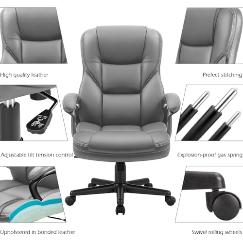 Furmax Office Executive Chair High Back Adjustable Managerial Home Desk Chair, Swivel Computer PU Leather Chair with Lumbar Support (1, Gray) - color: Grey