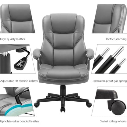 Furmax Office Executive Chair High Back Adjustable Managerial Home Desk Chair, Swivel Computer PU Leather Chair with Lumbar Support (1, Gray) - color: Grey