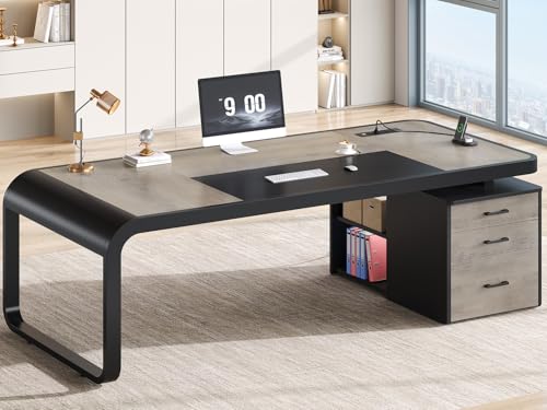 Itaar 70.9" Executive Desk, Large Computer Desk with Drawers and Lateral File Cabinet, Office Desk with Removable Shelves, Business Furniture Desk Workstation for Home Office, Gray