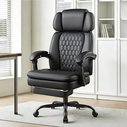 Office Chair with Foot Rest 400lbs, High Back Leather Office Chair Big and Tall, Heavy Duty Ergonomic Executive Desk Chair for Home Office, Black - color: Black