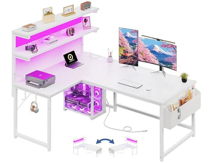 DurayLoly White L Shaped Desk with LED Light & 5 Power Outlet for Gaming | 41 Vivid Lighting Modes LED of Gaming Desk; Built-In Charging Hub (3 AC+2 USB) Charges 5 Devices to Tidy Gaming Station,White - color: White, size: 43Inch