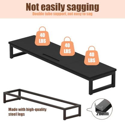 Dual Monitor Stand Riser, 38.7'' Long Wood and Steel Monitor Stand for 2 Monitors, Ergonomic Desktop Organizer with Tablet Stand for Computer,Laptop,TV (Black)