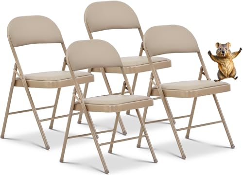 Oline Vinyl Folding Chairs, Padded Vinyl Cushion Chairs with Durable Metal Frame, Indoor Outdoor Stackable Foldable Guest Chairs for Office Wedding Kitchen Dining, 330lb Capacity (Khaki, 4 Pack) - color: Khaki, size: 4 Pack