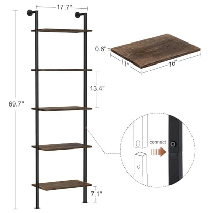 5-Tier Bookshelf,Solid Wood Narrow Bookcase Set of 1,Wall Mount Ladder Shelf,Wooden Storage Shelves for Bedroom,Home Office,Living Room,Dark Brown - color: Solid Wood Dark Brown-1pc