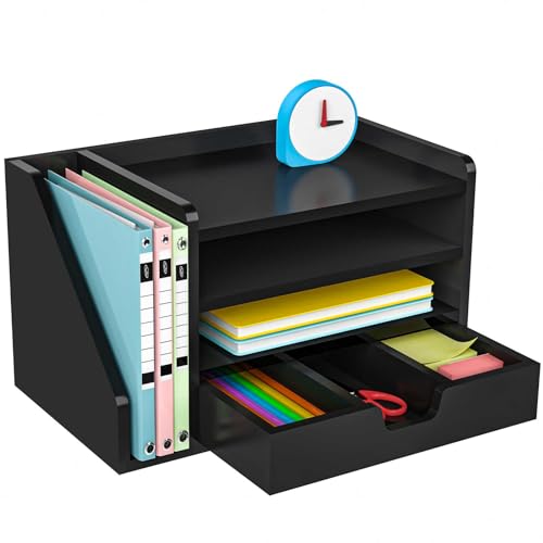 Multi-Tier Wood Desk File Organizer, 3 Tray Shelves & Adjustable Drawer - Space-Efficient Design for Efficient Office Setup, Reduces Desk Clutter (Black) - color: Black