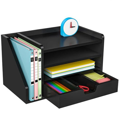Multi-Tier Wood Desk File Organizer, 3 Tray Shelves & Adjustable Drawer - Space-Efficient Design for Efficient Office Setup, Reduces Desk Clutter (Black) - color: Black