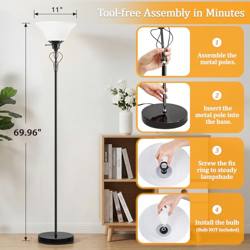 Floor Lamps for Living Room, 70" Tall Torchiere Floor Lamps, Plastic Shade | Bright Standing Lamp, Uplight, Stand Up Lamps Skinny Corner Lamp for Bedroom, Office, Dorm Room Decor, Separate On/Off Switch - color: Jet Black