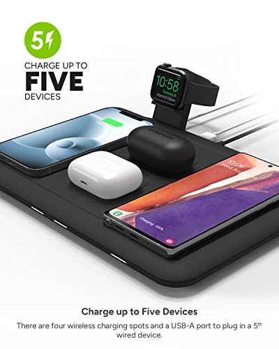 Mophie 4-in-1 Wireless Charging Mat for Apple iPhone, AirPods & Watch, Samsung Galaxy, Google Pixel, and All Qi-Enabled Devices, Additional USB-A Port, Intuitive Design, Includes Apple Watch Stand