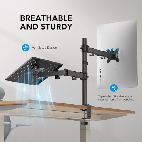 HUANUO Adjustable Monitor Arm with Laptop Tray, Single Desk Mount for 13-32" VESA Monitors up to 22 lbs, 14" x 12" Laptop Tray