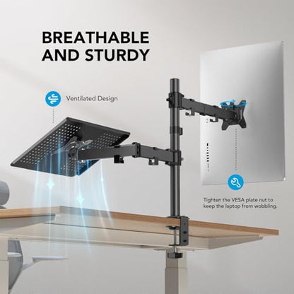 HUANUO Adjustable Monitor Arm with Laptop Tray, Single Desk Mount for 13-32" VESA Monitors up to 22 lbs, 14" x 12" Laptop Tray